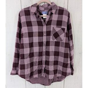Laura Scott Size Large Maroon Pink Plaid Long Sleeve Collared Womens Top